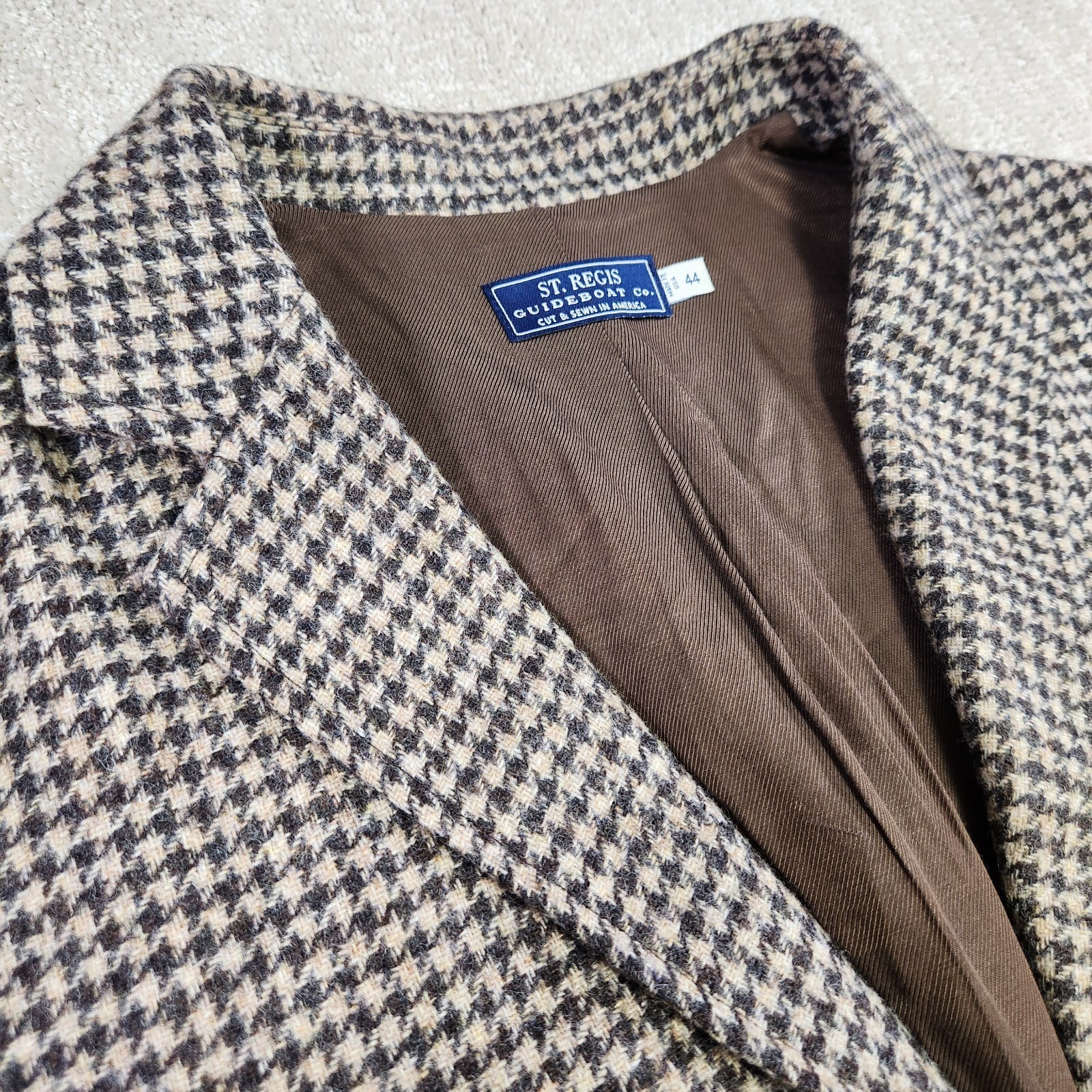 St Regis Camp Blazer Men 44 Houndstooth Moon Tweed 3 Pocket Chinstrap Wool Usa